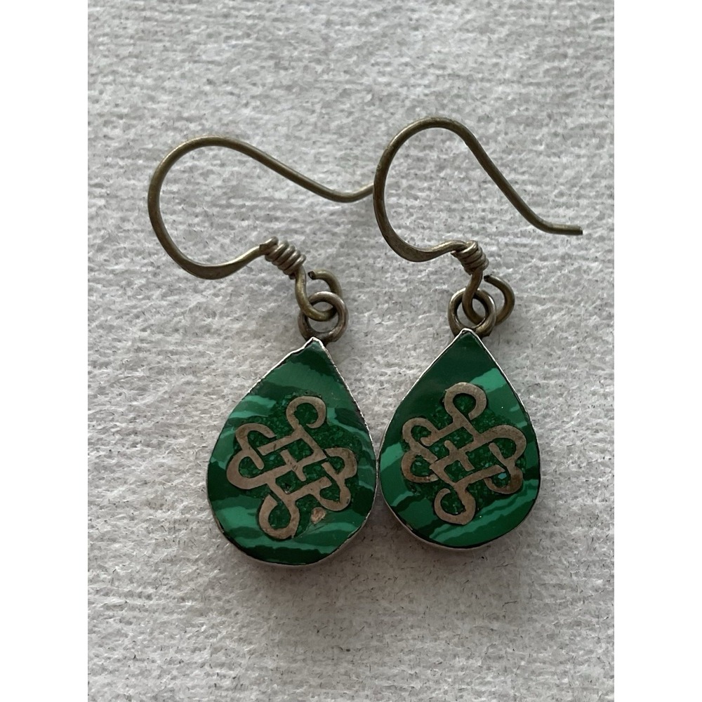 Vintage 925 Sterling Silver Malachite intricate Celtic infinity Knot Earrings